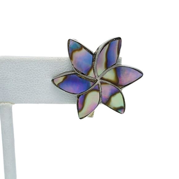 Vintage Sterling Silver 925 Sterling Abalone Flower Inlay Screw Back Earrings - Picture 4 of 7